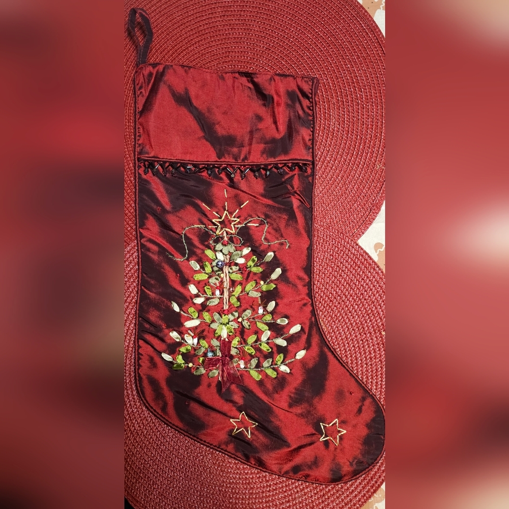 Embroidered Christmas Stocking with Tree Design - Picture 1 of 5